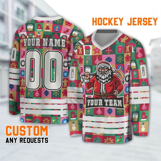 Custom Christmas Cute Pattern Colorful Hockey Jersey, Santa Claus Hockey Ice, Xmas Pattern Sports Shirt, Custom Name Uniform Fans
