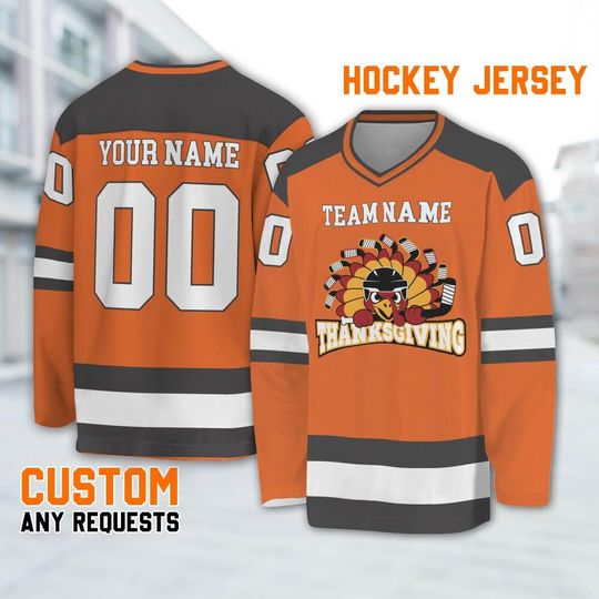 Customized hockey jersey thanksgiving Turkey logo orange basic, Team Thanksgiving Sports Jersey, Funny Custom Name Turkey Hockey