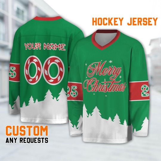 Personalize Christmas Hockey Merry Christmas Green, Chrismas Hockey Custom Name, green & White Outfit Team Game Day shirt