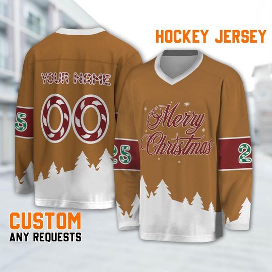 Personalize Christmas Hockey Merry Christmas Brown, Chrismas Hockey Custom Name, Brown & White Outfit Team Game Day shirt