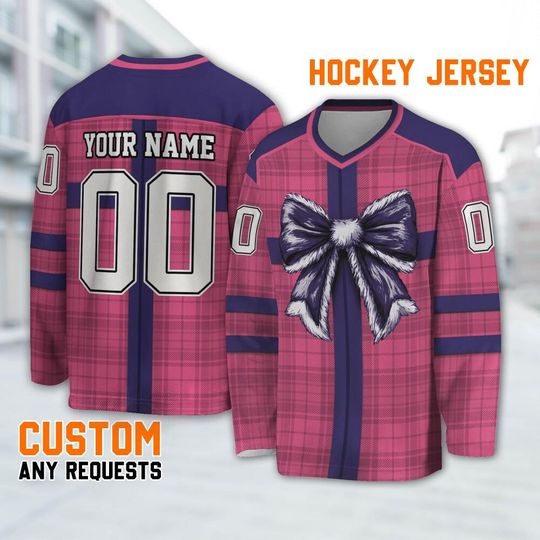 Custom Christmas Holiday Special Gift Box Pink Hockey Jersey, Chrismas Bow Jersey Shirt, Pink & Navy Outfit Sport long Slevees Gift
