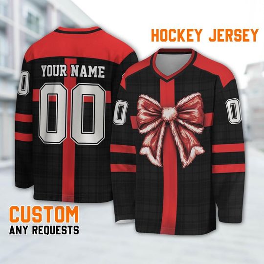 Custom Christmas Holiday Special Gift Box Black Hockey Jersey, Chrismas Bow Jersey Shirt, Black & Red Outfit Sport long Slevees Gift