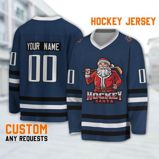 Personalize Christmas Hockey Santa Holiday Navy, Santa Claus Hockey chrismas shirt, Custom Name Ice Hockey Jersey Xmas Gift