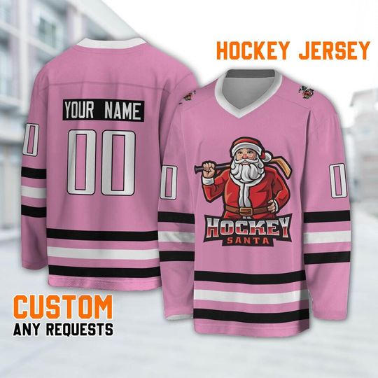 Personalize Christmas Hockey Santa Holiday Pink, Santa Claus Hockey chrismas shirt, Custom Name Ice Hockey Jersey Xmas Gift