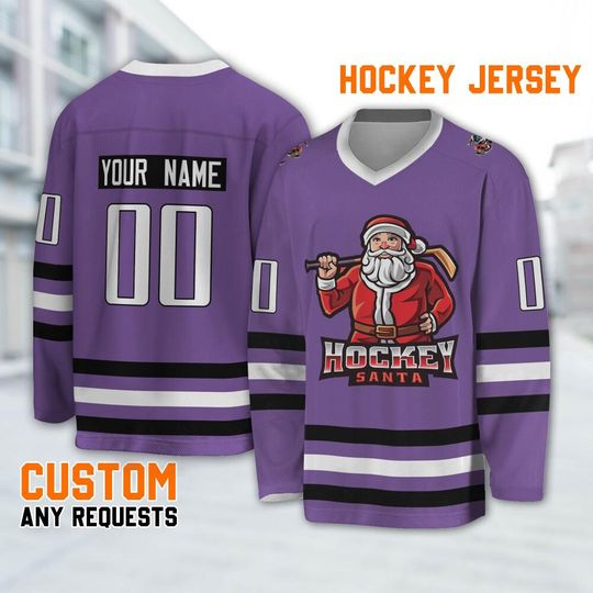 Personalize Christmas Hockey Santa Holiday Purple, Santa Claus Hockey chrismas shirt, Custom Name Ice Hockey Jersey Xmas Gift