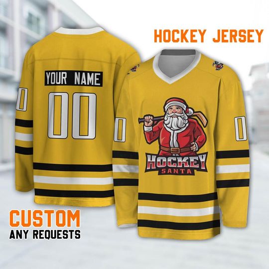 Personalize Christmas Hockey Santa Holiday Yellow, Santa Claus Hockey chrismas shirt, Custom Name Ice Hockey Jersey Xmas Gift
