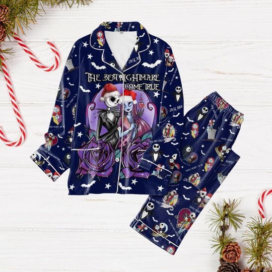 Nightmare Before Christmas Pajamas Set, Jack And Sally Pajamas, Couple Christmas Pjs Set, Jack Skellington Santa Shirt, Xmas Party Gift