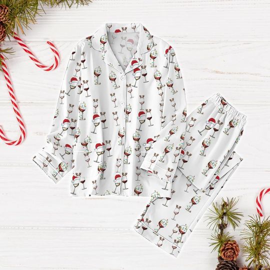 Christmas Red Wine Pajamas Set, Wine Glasses Xmas Pajamas, Christmas Drinking Holiday Pajamas, Reindeer Pajamas Set, Xmas Party Gift