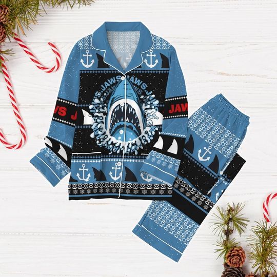 Jaws Movie Ugly Christmas Pajamas, Shark Holiday Pajamas Set, Jaws Horror Xmas Pajamas, Horror Movie Family Pajamas, Christmas Gift