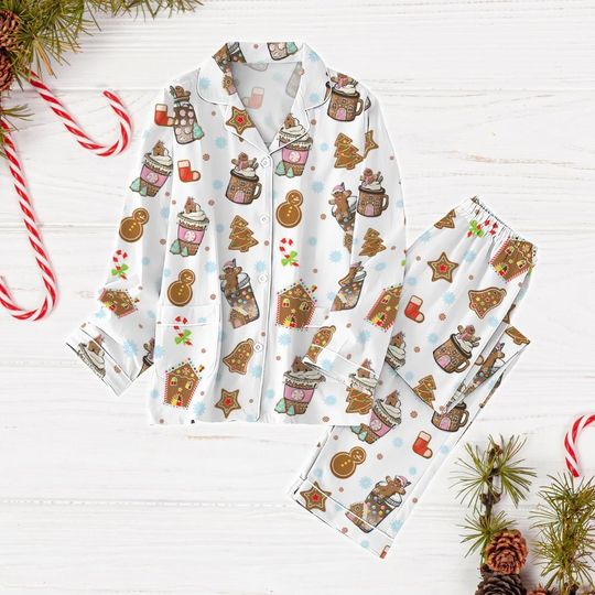 Coffee Christmas Pajamas Set, Gingerbread Man Holiday Pajamas, Christmas Tree Women Pajamas, Christmas Lights Matching Pajamas