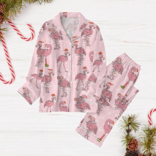 Christmas Flamingo Pajamas Set, Santa Flamingo Holiday Pajamas, Christmas Lights Womens Pajamas, Animal Lover Gift, Bird Lover Pjs