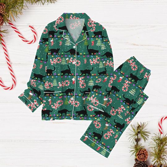 Cat Ugly Christmas Pajamas, Black Cat Holiday Pajamas, Meowy Christmas Tree Xmas Pajams, Animal Lover Gift, Gift For Cat Lover