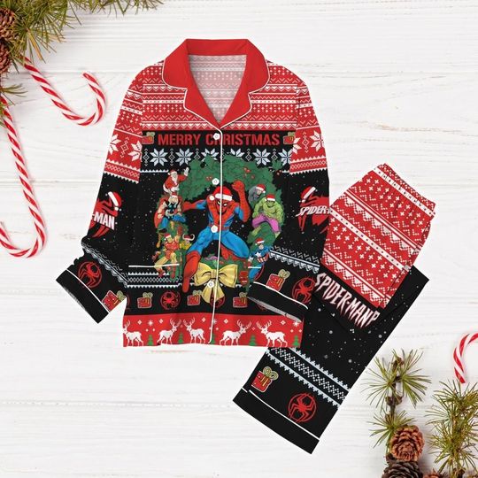 Spider Man Christmas Pajamas Set, Marvel Avengers Santa Shirt, Superhero Holiday Pajamas, Disney Cartoon Shirt, Xmas Pajamas For Party