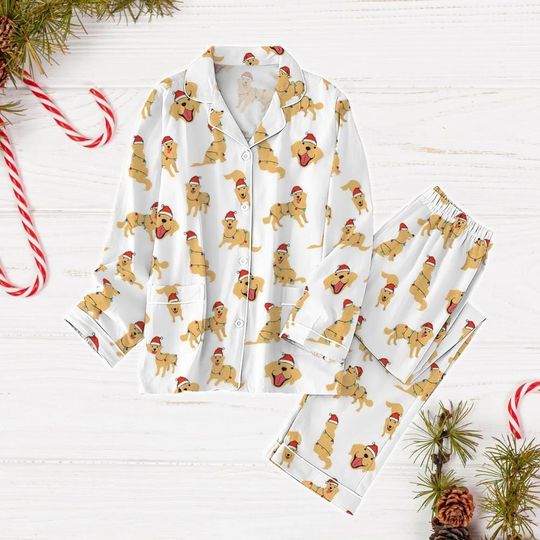 Golden Dog Christmas Pajamas, Golden Retriever Holiday Pajamas, Dog Lover Shirt, Dog Mama Pajamas, Animal Lover Gift, Xmas Pajamas Set
