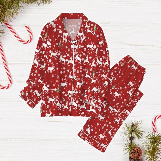Reindeer Christmas Pajamas Set, Rudolph The Red Nosed Pajamas, Santa Claus Holiday Pajamas, Christmas Pajamas For Party, Gift For Her