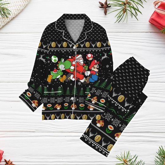 Super Mario Ugly Christmas Pajamas, Yoshi Holiday Pajamas, Mario Bros Pajamas Set, Santa Claus Xmas Pajamas, Video Game Shirt