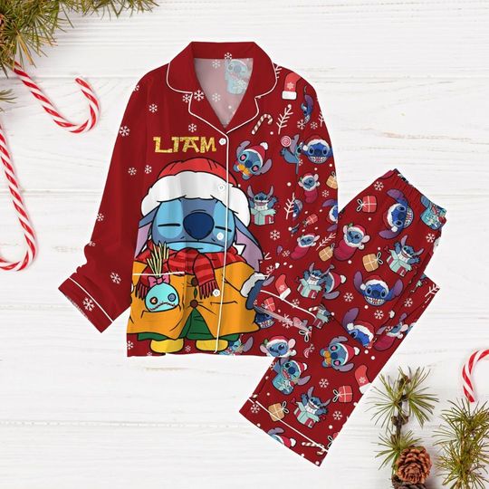 Personalized Stitch Santa Christmas Pajamas, Disney Stitch Holiday Pajamas, Christmas Party Pajamas Shirt, Magic Kingdom Shirt