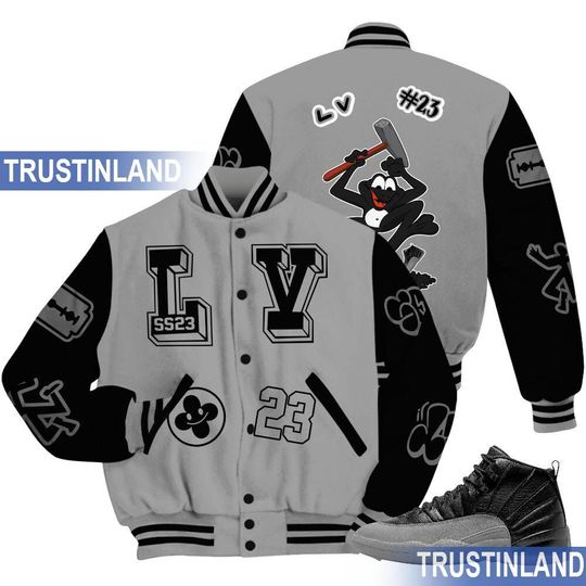 Black Wolf Grey 12s Varsity Jacket, Graffiti Outfit Black All Over Print Baseball Jacket