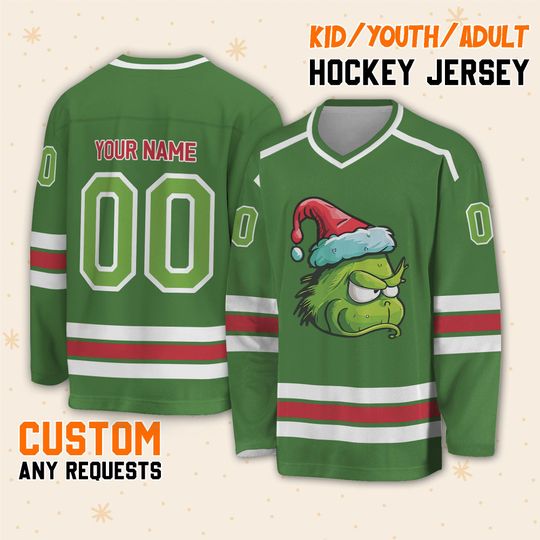 Custom funny character Green Hockey Jersey, Christmas Hockey Team Outfit, Cute Christmas Gift For Fan, Disneyland Vacation Sport Team