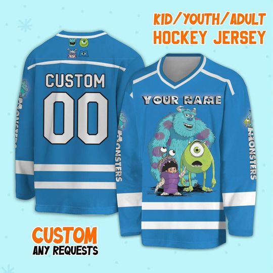 Personalize Monsters Inc Retro Monster University Mike Sulley And Boo Hockey, Disney Christmas Gift, Monsters Inc Hockey Sport Team Outfit