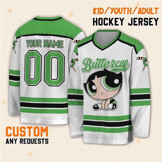 Custom The Powerpuff Girls Buttercup Green Hockey, Buttercup Hockey Jersey, Custom Team Hockey Gift, Cartoon Character Sport Team Outfit