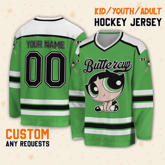 Custom The Powerpuff Girls Buttercup Hockey, Buttercup Hockey Jersey, Custom Team Hockey Gift, Cartoon Character Sport Team Outfit