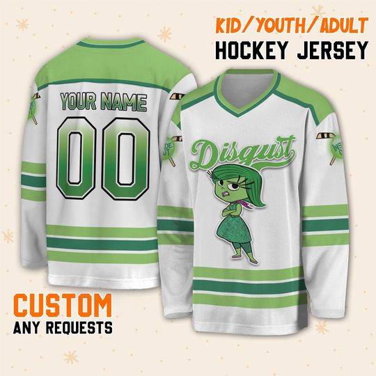 Custom Inside Out Disgust Hockey Jersey, Inside Out Hockey Team Outfit, Cute Pixar Disney Gift For Fan, Disneyland Vacation Sport Team