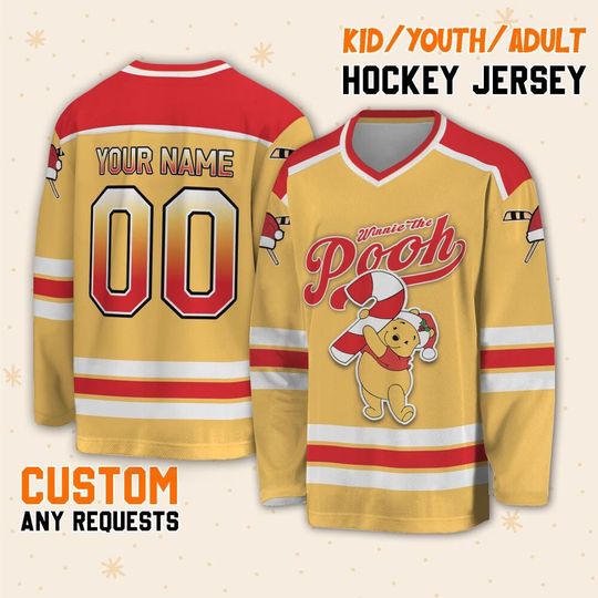 Personalize Pooh2 Hockey Jersey, Custom Disney Pooh Hockey, Disney Christmas Gift, Disney Sport Team Hockey, Winnie The Pooh Birthday Gift