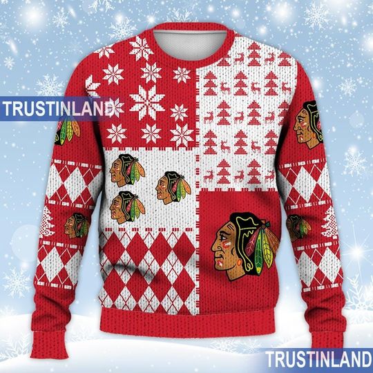 Chicago Blackhawks Ugly Sweater Christmas, Ice Hockey NHL Sweatshirt Pattern 3D All Over Print Hoodie, Shirt Xmas Full Print