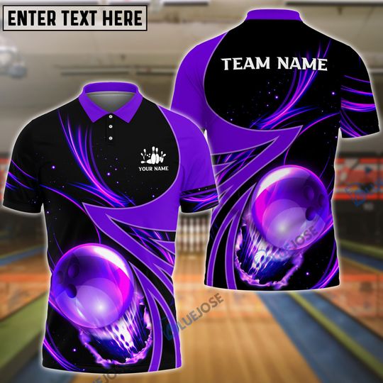 Bowling And Pins Galaxy Pattern Purple Customized Name, Team Name 3D Shirt