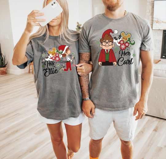 His Ellie Her Carl Christmas Shirt, Couples Matching T-Shirt, Disney Up Carl And Ellie With Mickey Head Balloons Tee, Christmas Sweatshirt