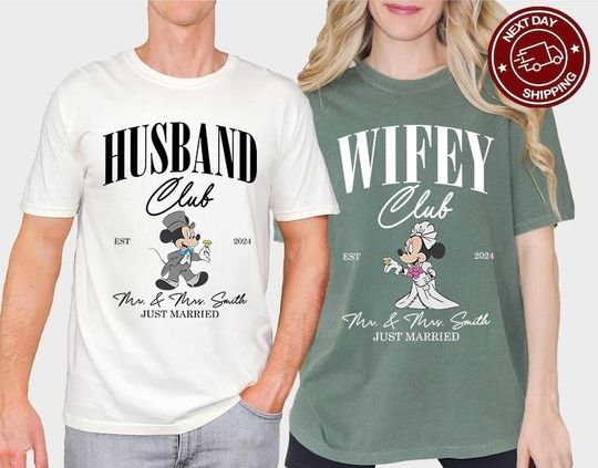 Disney Husband and Wife Shirts, Wedding Anniversary Shirt, Soociial Clubb Mr and Mrs Shirt, Just Married Shirt, Bride and Groom Shirts