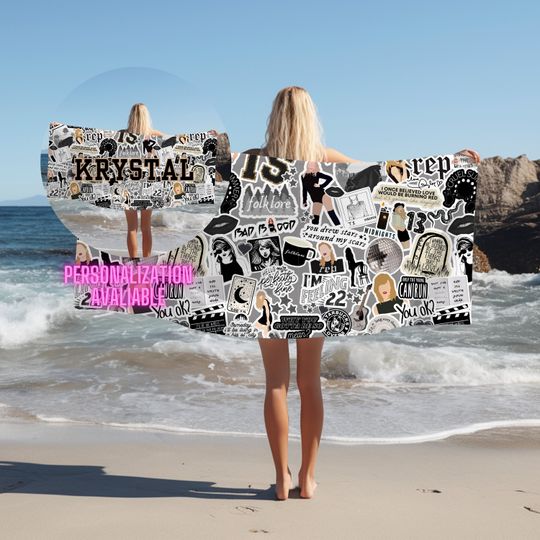 Personalized Child Beach Version Towel For Summer Camp Music Tour Sticker Collage Beach Towel