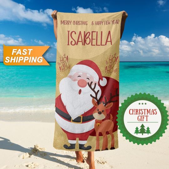 Merry Christmas Towel, Kids Personalized Beach Towel, Santa Claus Reindeer Snowman Custom Towel