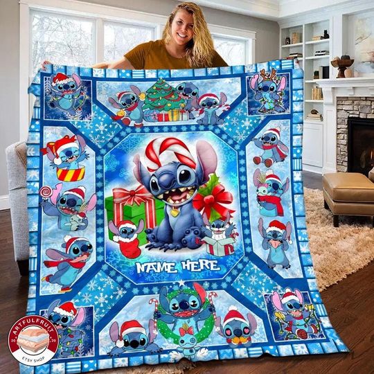 Personalized Name Lilo And Stitch Merry Christmas Blanket, Premium Sherpa Blanket, Stitch Fan Gift Blanket, Christmas Gift