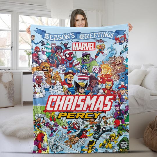 Marvel Friends Christmas Blanket, Custom Name Blanket,  Team Avengers Xmas Blanket, Marvel Superhero Blanket