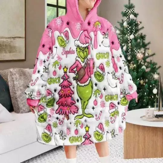 Personalized Pink Grin Christmas  Blanket Hoodie | Christmas Gift | Winter Wear