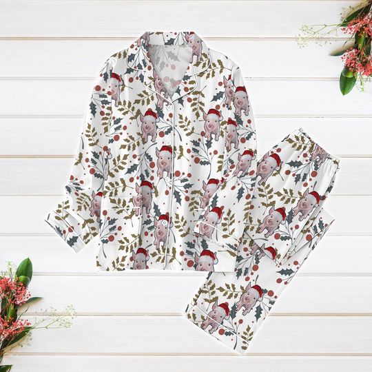 Christmas Pajamas, Pig Pajamas Set, Piggies Pink Cute Women Pajamas, Animal Holiday Pajamas, Funny Santa Claus Shirt, Farmer Xmas Gift