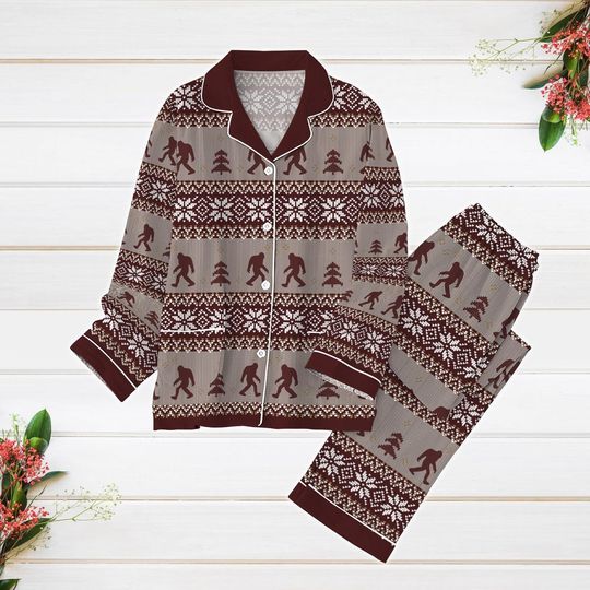 Christmas Pajamas Set, Bigfoot Merry Xmas Pajamas, Sasquatch Snowflake Women Pajamas, Camping Shirt, Winter Holiday Gift