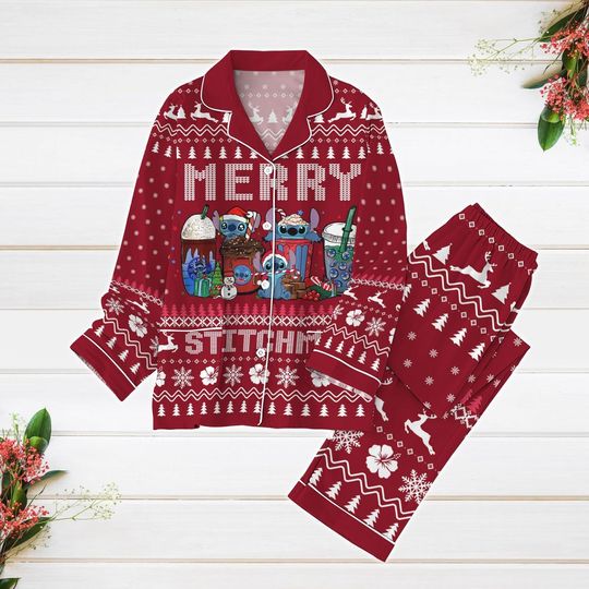 Stitch Coffee Cups Christmas Pajamas, Disney Cartoon Pajamas Pants, Funny Santa Claus Pajamas set, Magic Kingdom Shirt
