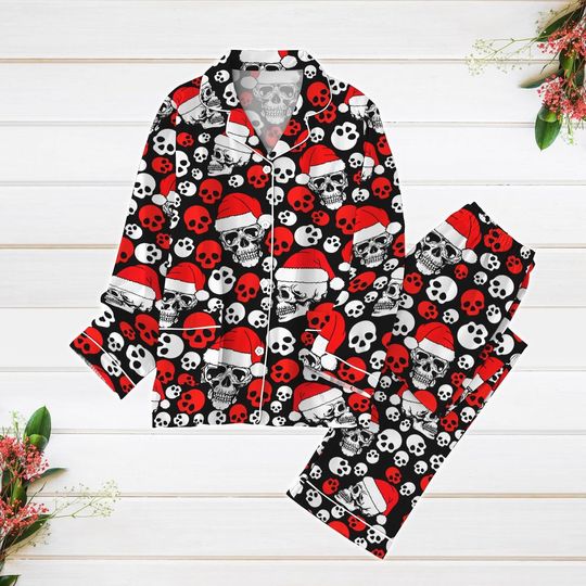Skeleton Christmas Pajamas, Skull Santa Pajamas Set, Merry Christmas Holiday Pajamas, Funny Christmas Pajamas, Xmas Party Gift