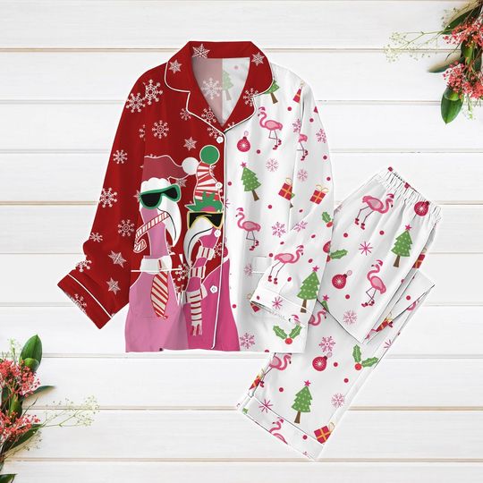 Christmas Pajamas, Flamingo Pajamas Set, Funny Bird Xmas Pajamas, Santa Flamingo Holiday Pajamas, Animal Lover Gift