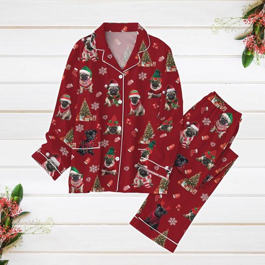 Bulldog Christmas Hat Pajamas, Dog Xmas Pajamas Set, Pets Lover Holiday Pajamas, Snowflake Women Pajamas, Gift For Dog Mom