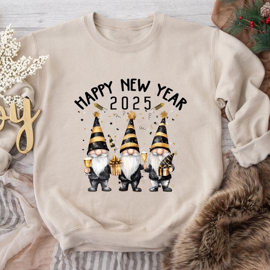Happy New Year 2025 Gnome Shirts, Gnome New Years Shirt, Cute Black and Golden Gnome Long Sleeve, New Years Outfit, New Year Crew Tshirt