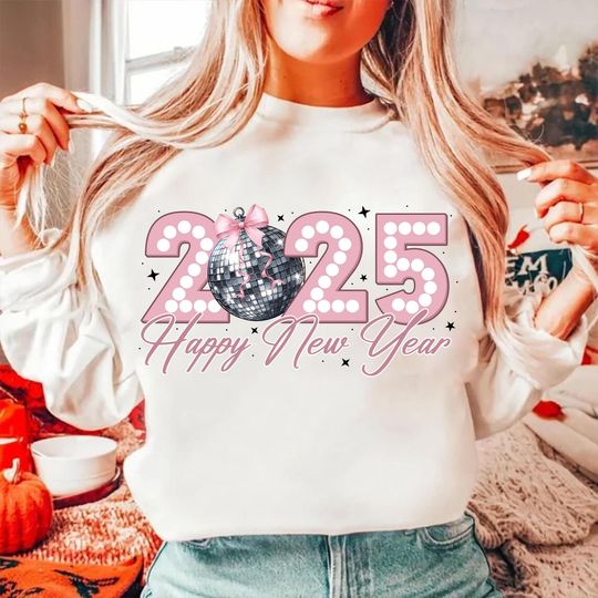 Happy New Year 2025 Sweatshirt, Coquette Bow Disco Ball Retro New Years Eve Goals Celebration trendy Girly Sweatshirt