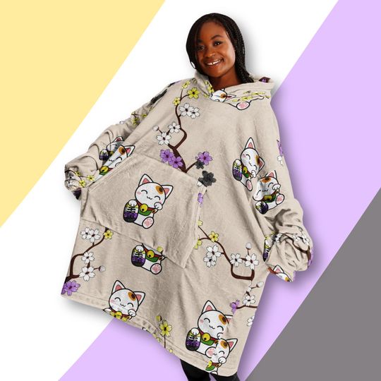 Lucky Cat Nonbinary Blanket Hoodie | Christmas Gift | Winter Wear
