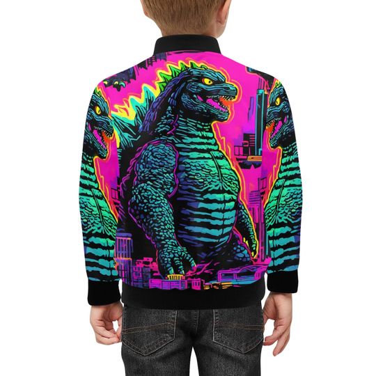Bomber Jacket with Pockets god zilla Gojira Kaiju Neon Comics Retro Art Monster Cartoon