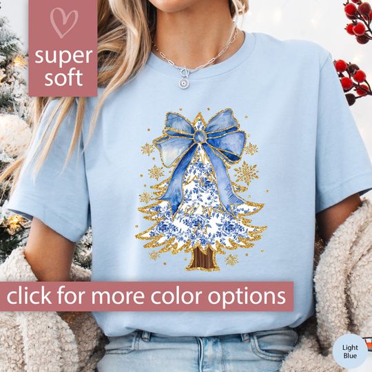 Blue Christmas Tree Shirt for Women Christmas Shirt, Preppy Christmas Gift for Women, Chinoiserie Xmas Tshirt, Cute Blue Christmas Tree Tee