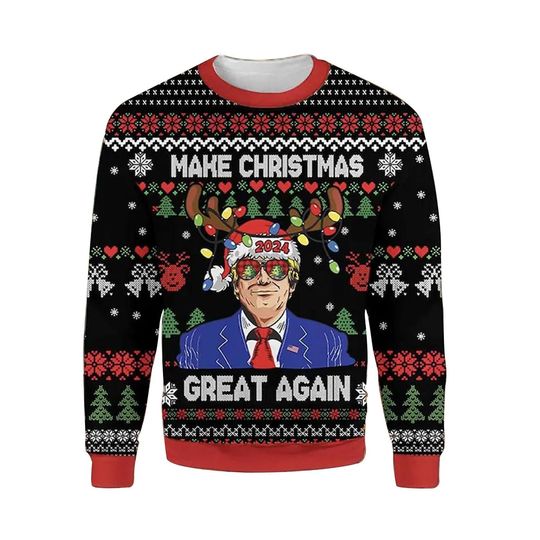 Trump Christmas Ugly Knitted Sweater, Make Christmas Great Ugly Sweater, Christmas President 2024 Sweatshirt, Christmas Party Shirt