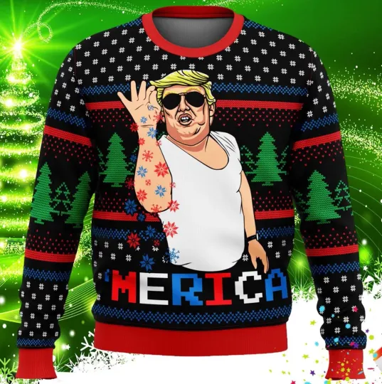 Donald Trump Salt Bae Merica Ugly Christmas Sweater Knit Wool Sweater Xmas Gift
